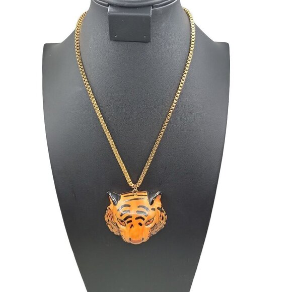 Tiger Head Pendant Necklace 22" Gold Plated Box Chain Handmade Large Statement - Picture 1 of 16